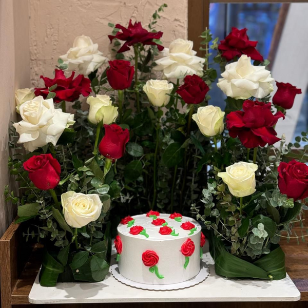 Stunning Combo of Cake and Roses Arrangement