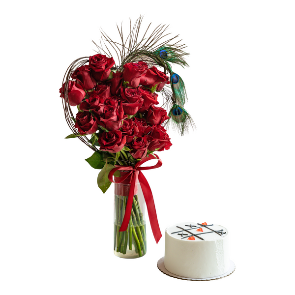 Red Roses Vase & Mini Cake Combo