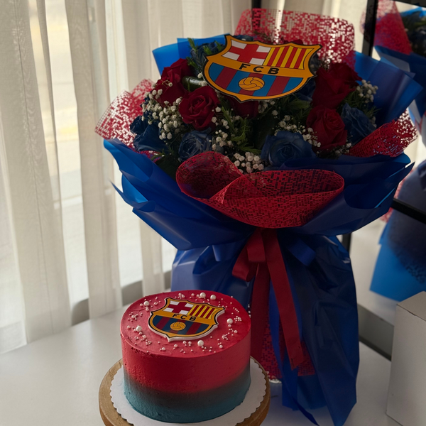 Barcelona Fan Gift Set – Roses & Mini Cake Combo