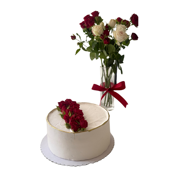 Crimson Grace Combo – Cake & Rose Vase Set