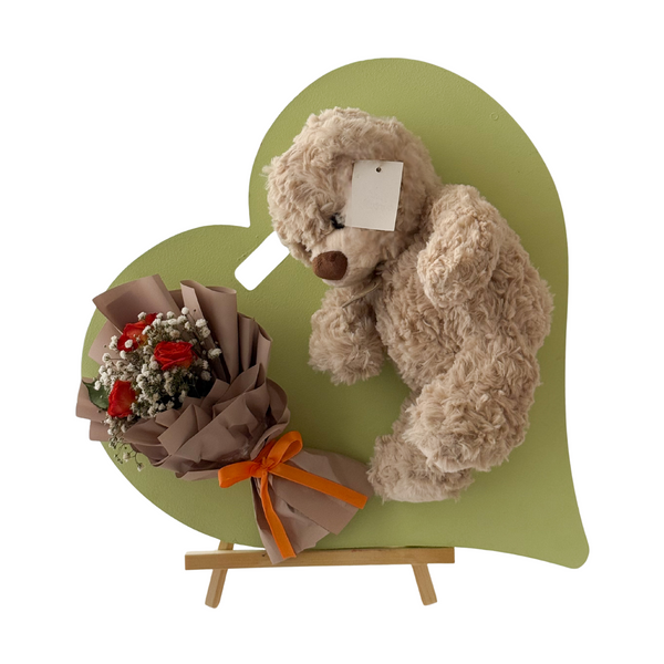Teddy Bear & Red Bouquet on Heart Board