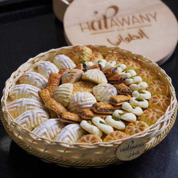 Elegant Wooden Basket of Mixed Kolucheh and Mamoul by Halawany