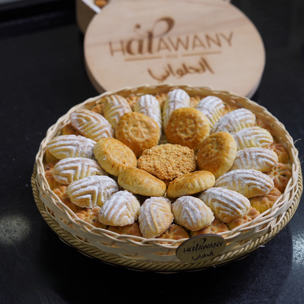 Yummy Wooden Basket of Mixed Kolucheh and Mamoul by Halawany