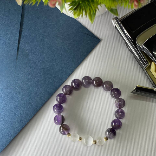 Moonstone and Amethyst Bracelet with 21K Gold-Plated Spacers