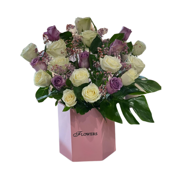 Blossom Bliss – White & Purple Roses in Pink Box