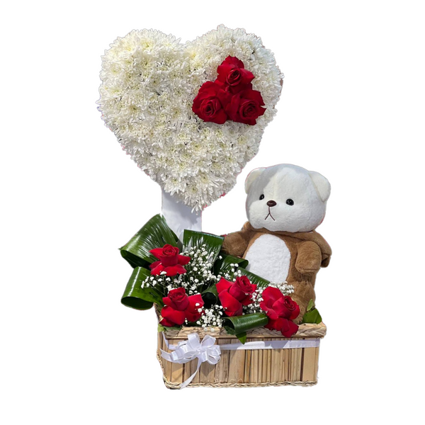 Sweetheart Surprise – Roses & Teddy in a Heart Basket